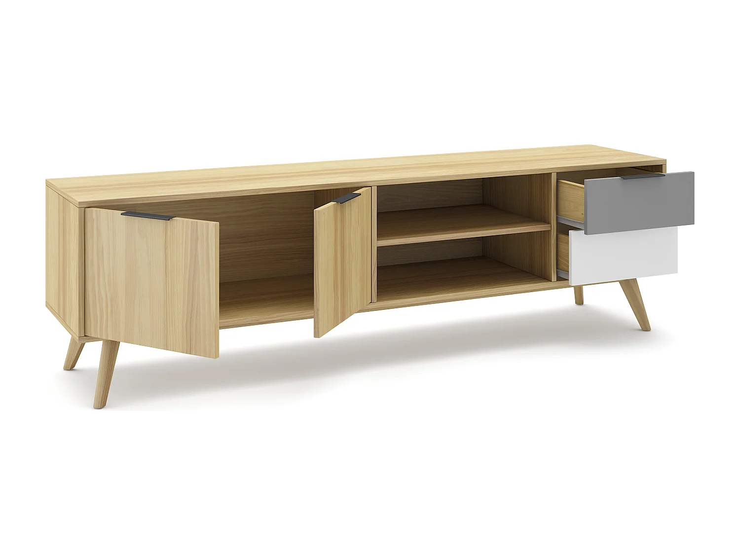 Meuble TV 2 portes 2 tiroirs en pin massif blanc / gris / effet chêne 180 cm - Eddy