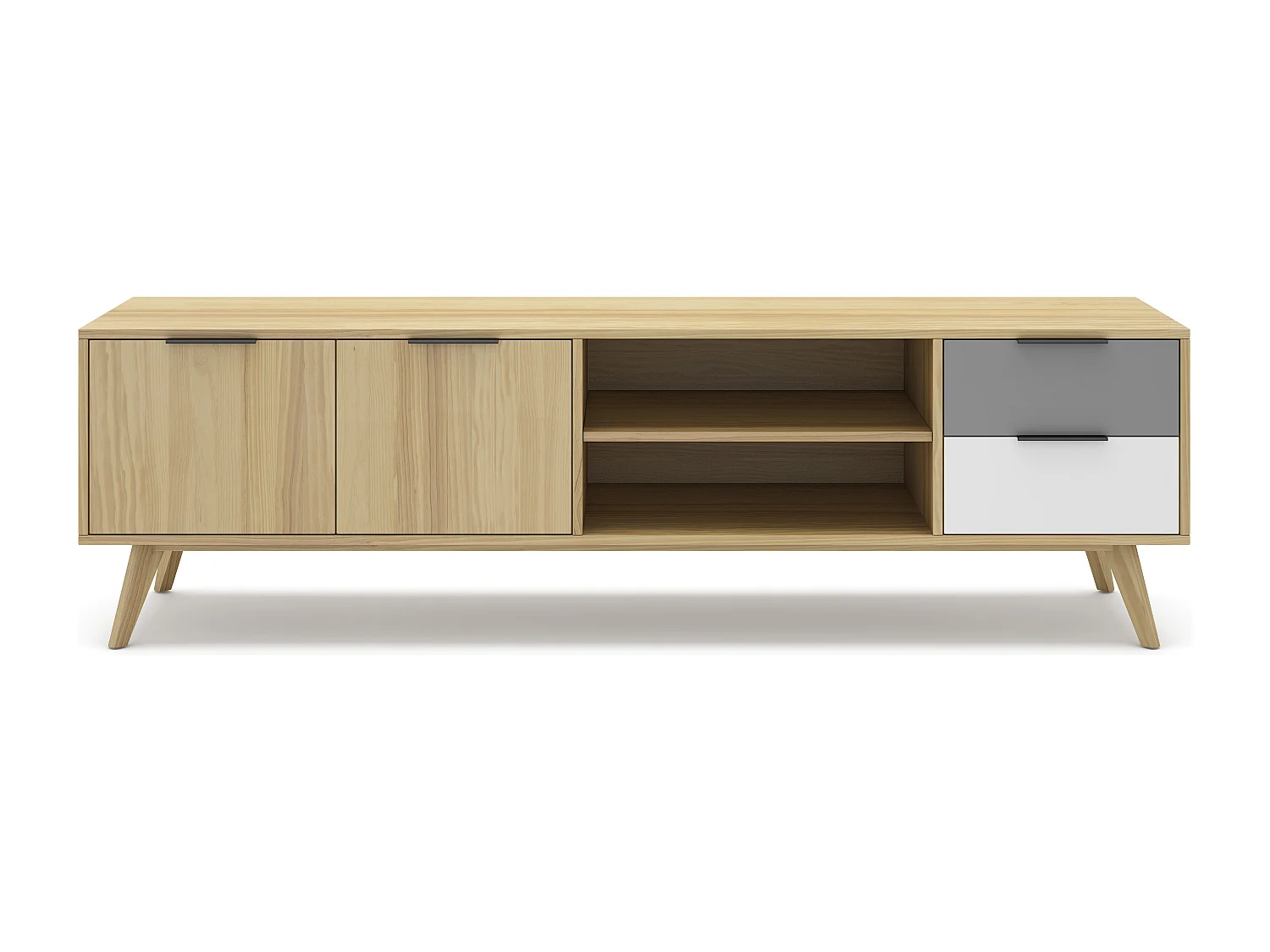 Meuble TV 2 portes 2 tiroirs en pin massif blanc / gris / effet chêne 180 cm - Eddy