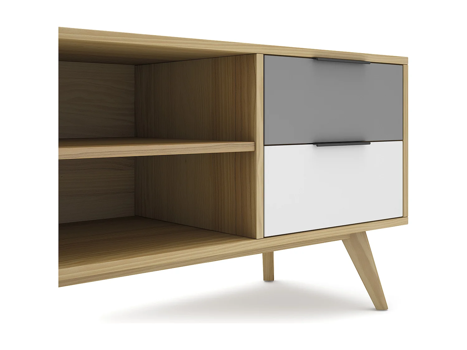 Meuble TV 2 portes 2 tiroirs en pin massif blanc / gris / effet chêne 180 cm - Eddy