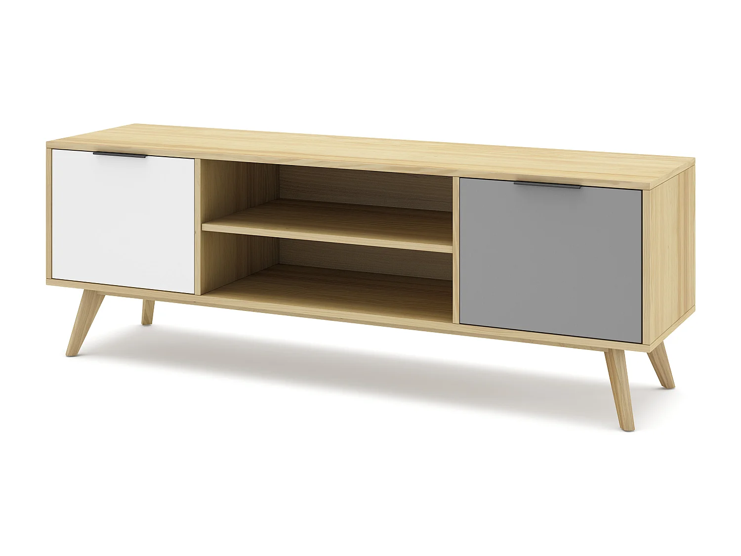 Meuble TV 2 portes 2 niches en pin massif blanc / gris / effet chêne 140 cm - Eddy