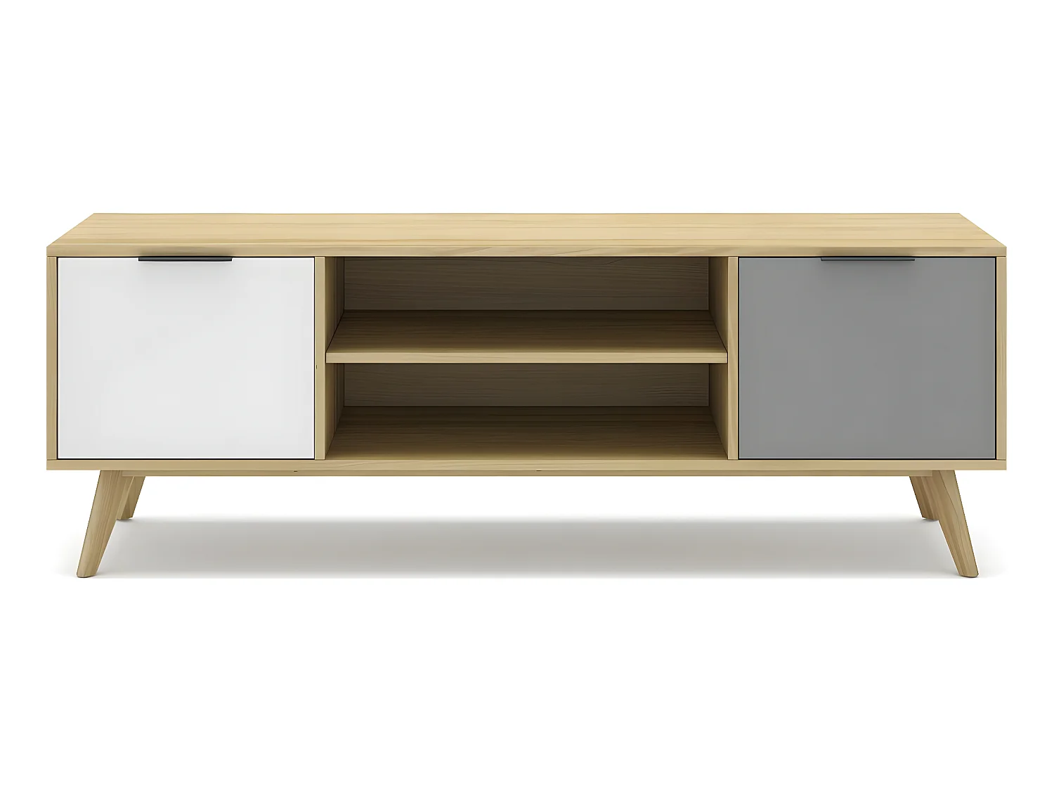 Meuble TV 2 portes 2 niches en pin massif blanc / gris / effet chêne 140 cm - Eddy