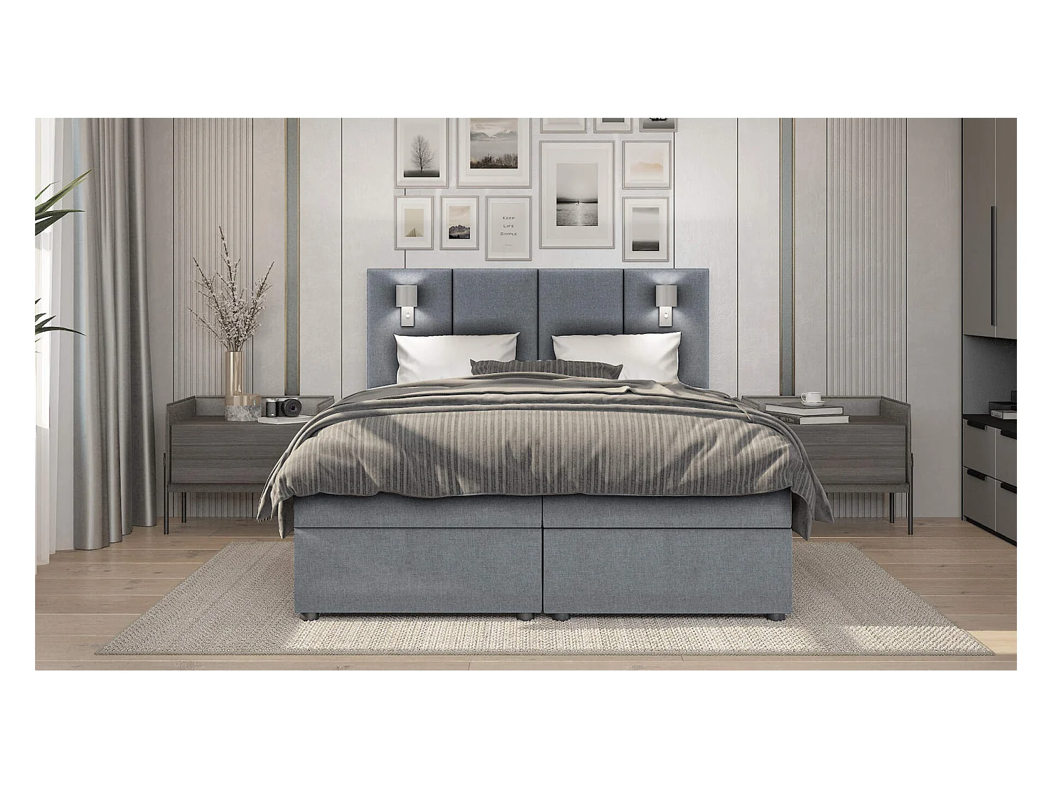 lit à sommier tapissier palma - 120x200cm - tissu gris - avec surmatelas de 4 cm d'épaisseur