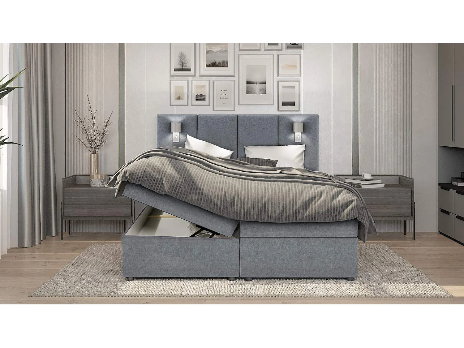 lit à sommier tapissier palma - 120x200cm - tissu gris - avec surmatelas de 4 cm d'épaisseur