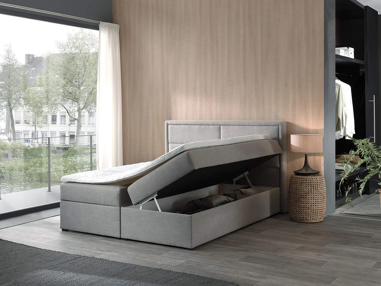 sommier tapissier soro 160x200cm - tissu gris - avec topper 4cm d'épaisseur