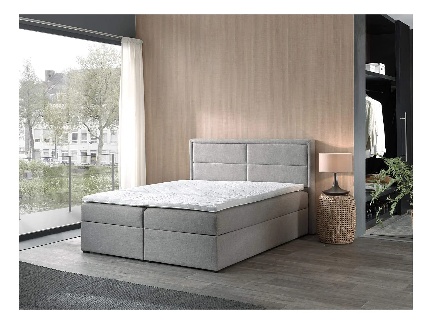 sommier tapissier soro 160x200cm - tissu gris - avec topper 4cm d'épaisseur