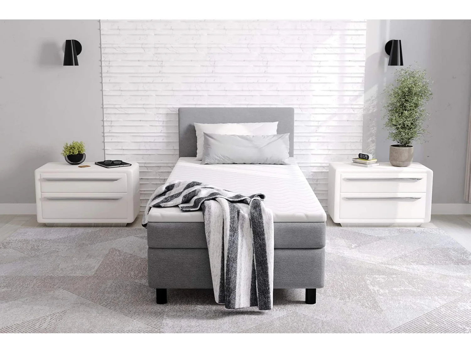 lit à sommier tapissier erolla 90x200cm - tissu gris - 1 personne - avec surmatelas de 4 cm d'épaisseur