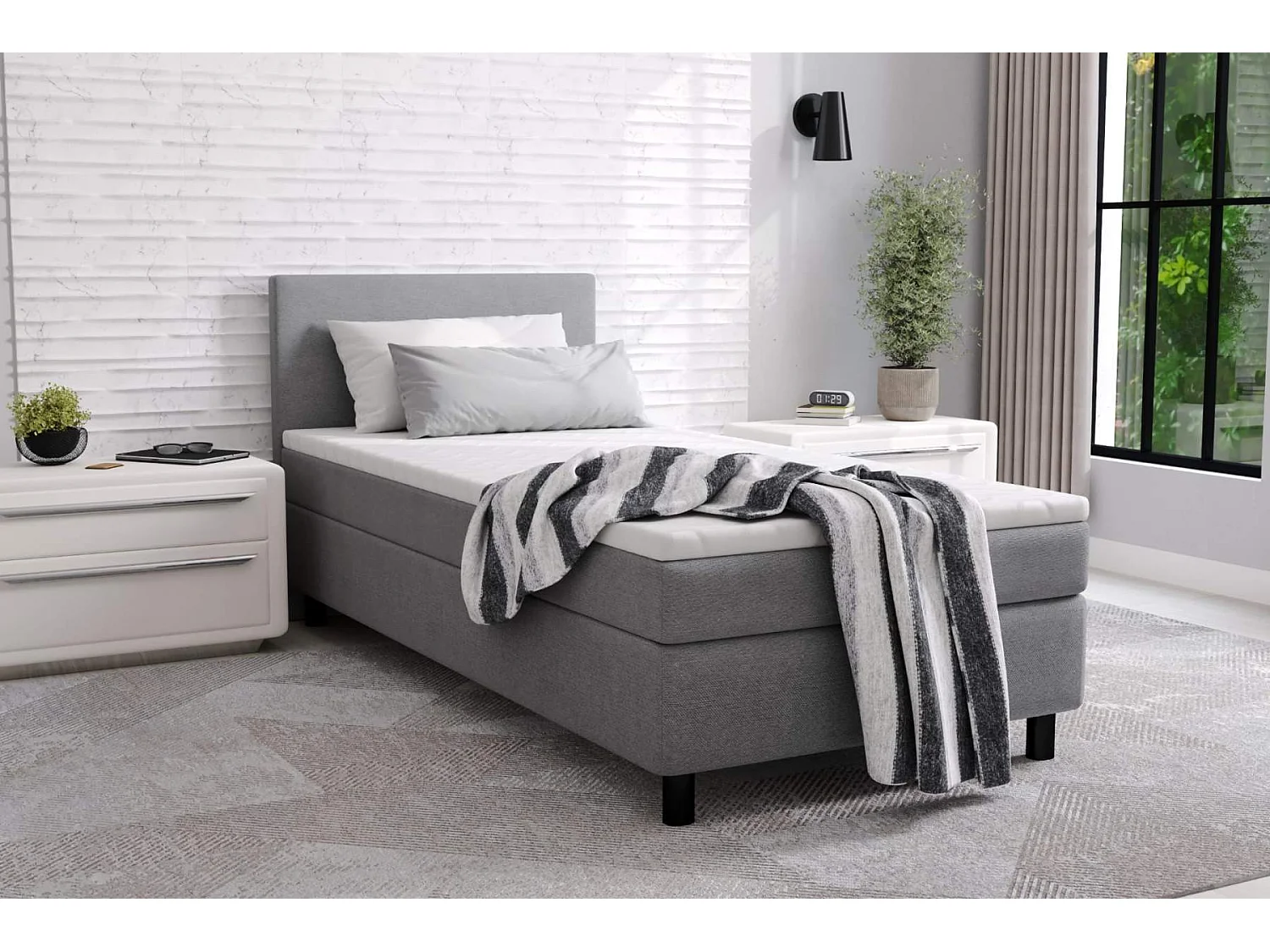 lit à sommier tapissier erolla 90x200cm - tissu gris - 1 personne - avec surmatelas de 4 cm d'épaisseur