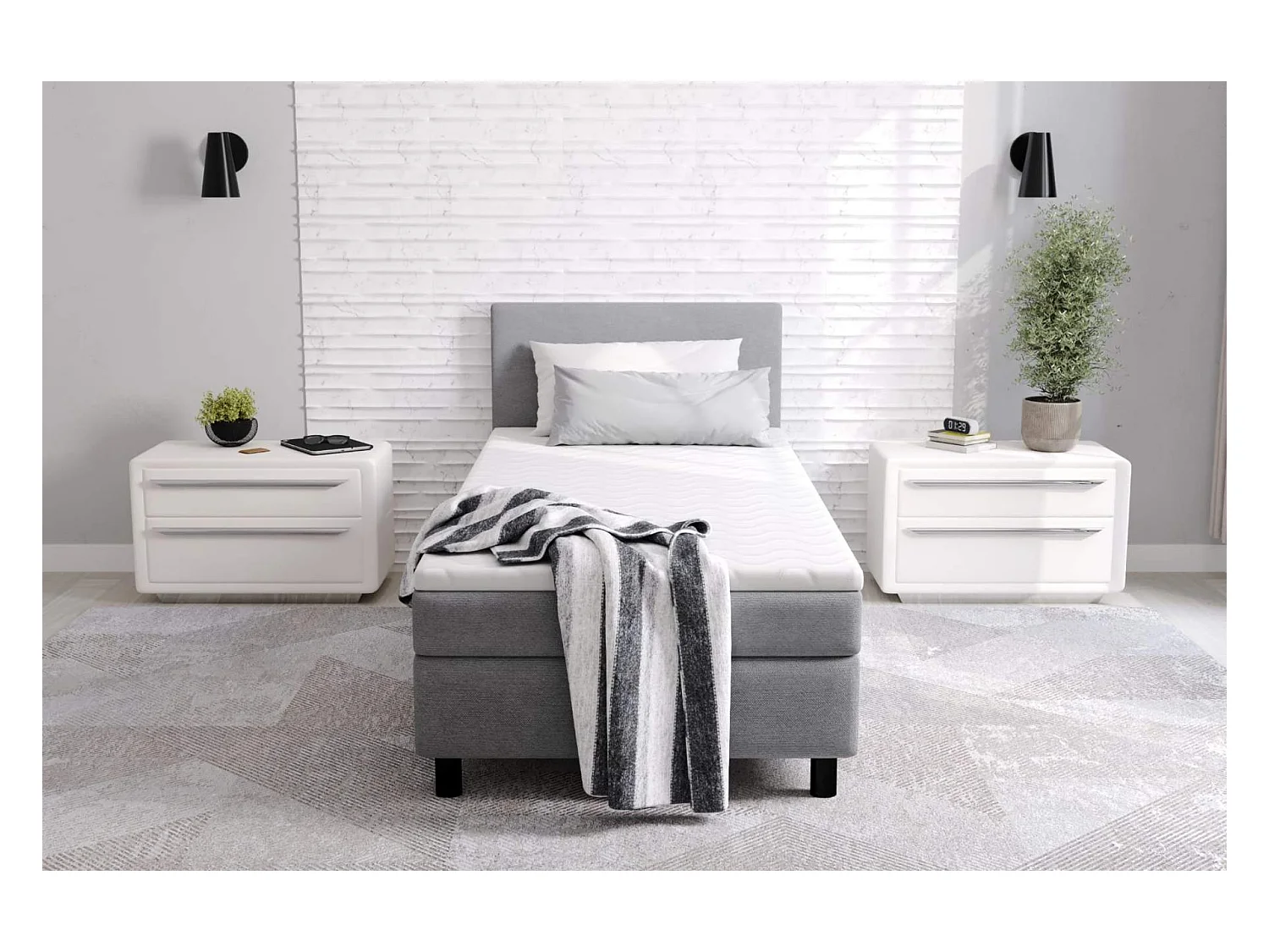 lit à sommier tapissier erolla 90x200cm - tissu gris - 1 personne - avec surmatelas de 4 cm d'épaisseur