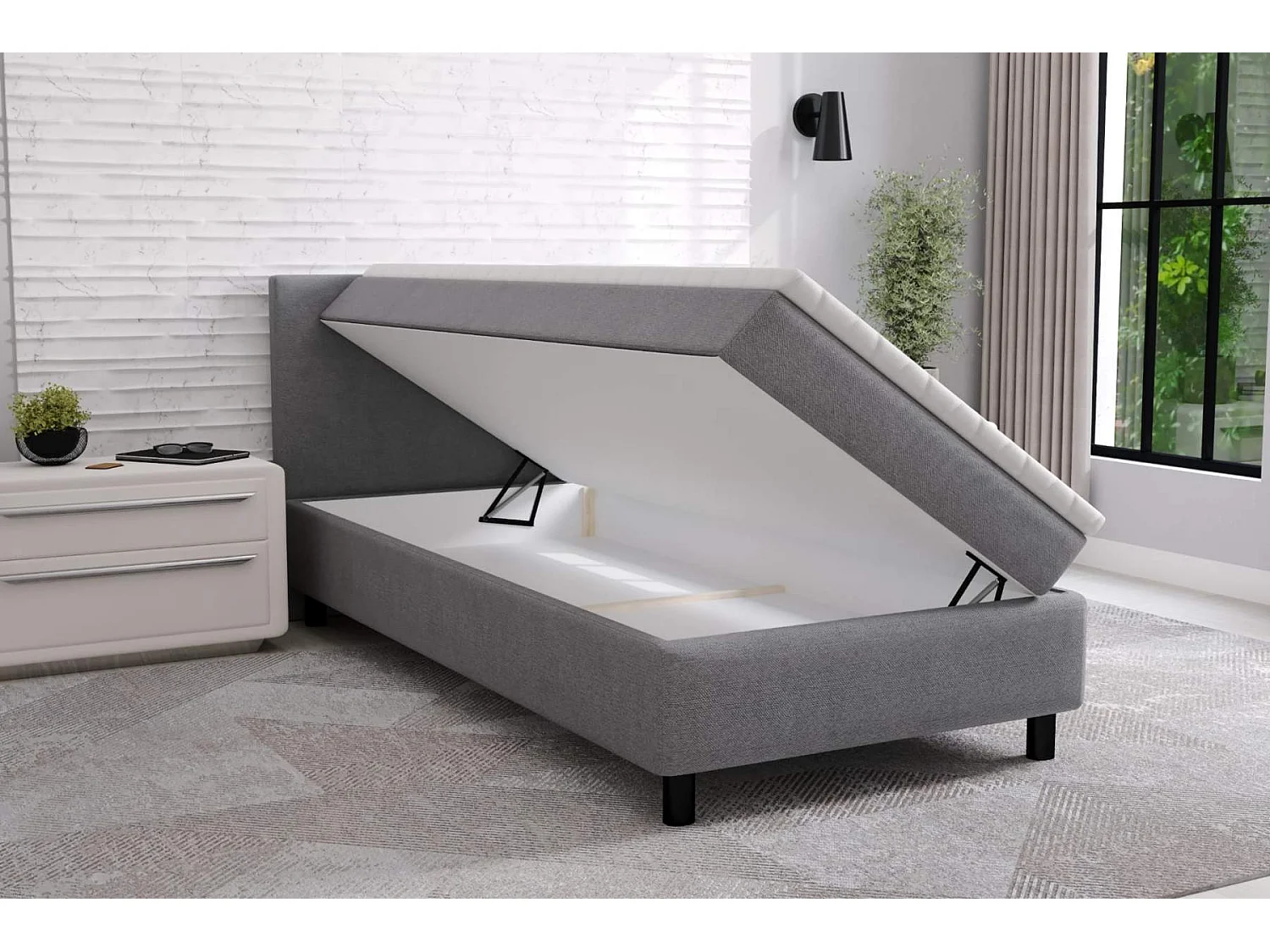 lit à sommier tapissier erolla 90x200cm - tissu gris - 1 personne - avec surmatelas de 4 cm d'épaisseur