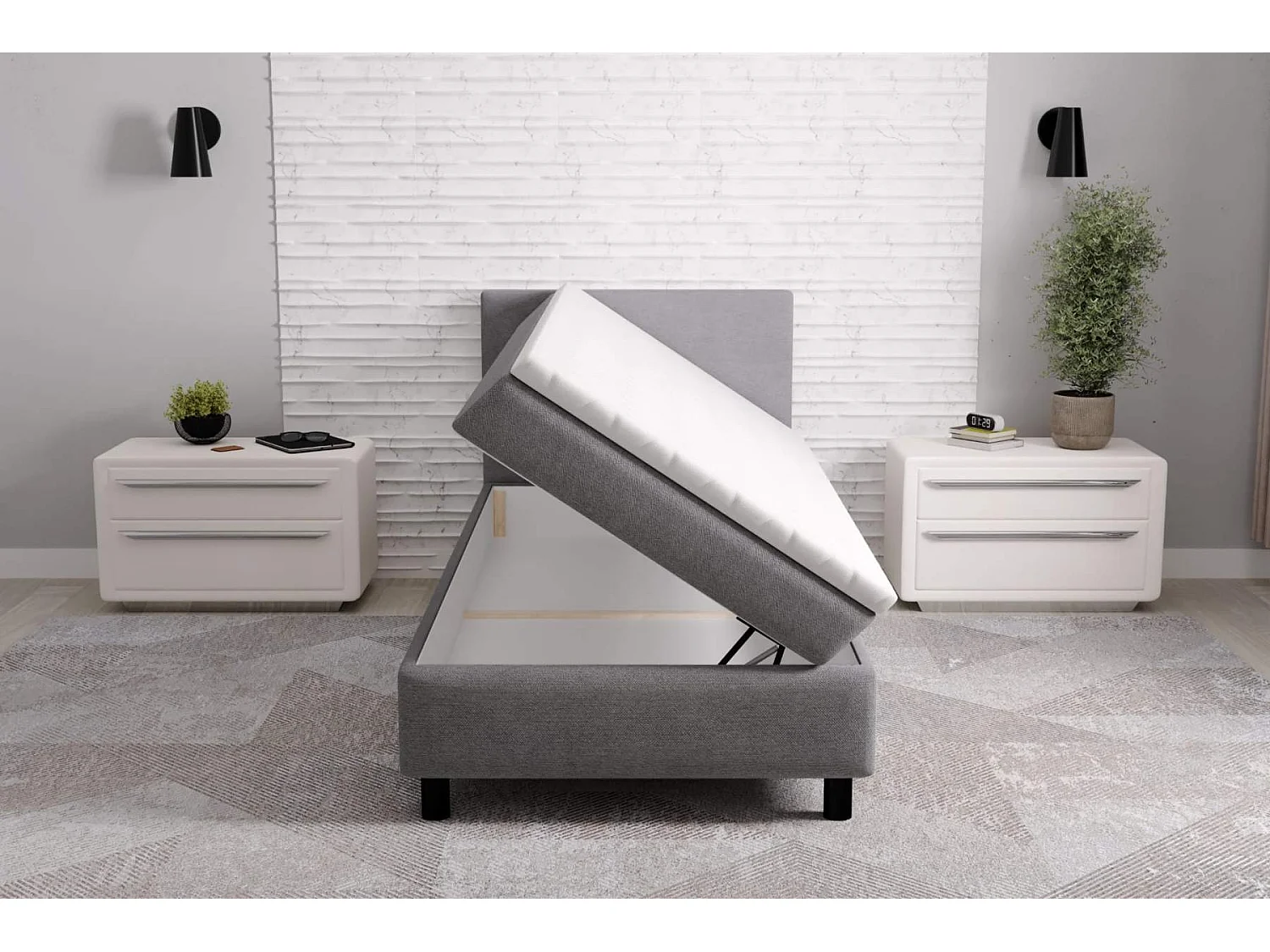 boxspring bed erolla 90x200cm- grijs stof- 1 persoons- inclusief topper 4cm dik