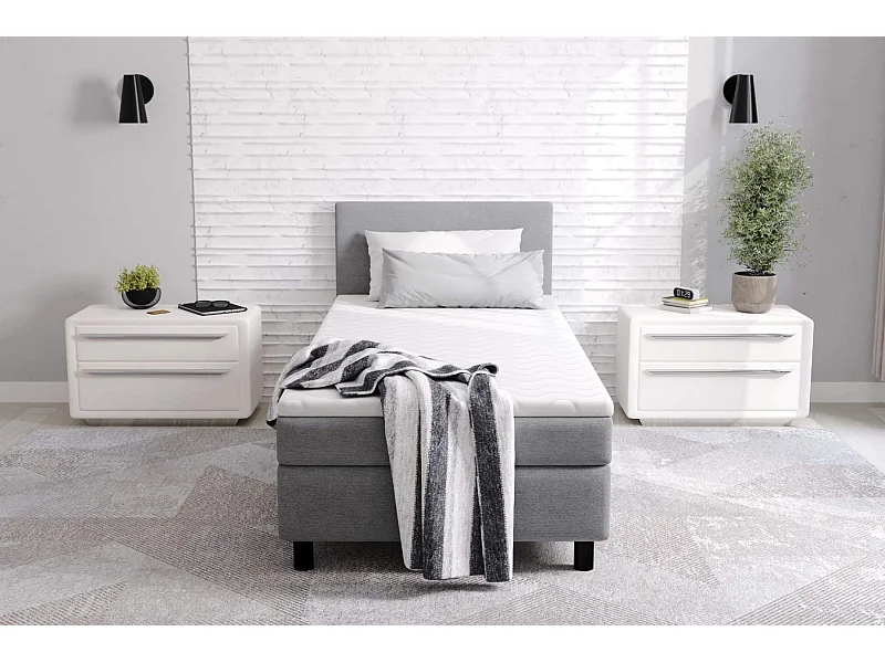 lit à sommier tapissier erolla 90x200cm - tissu gris - 1 personne - avec surmatelas de 4 cm d'épaisseur