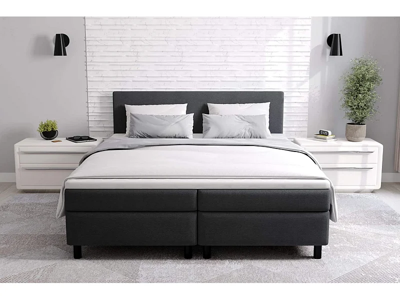 lit à sommier tapissier erolla 180x200 - tissu noir - avec surmatelas de 4 cm d'épaisseur