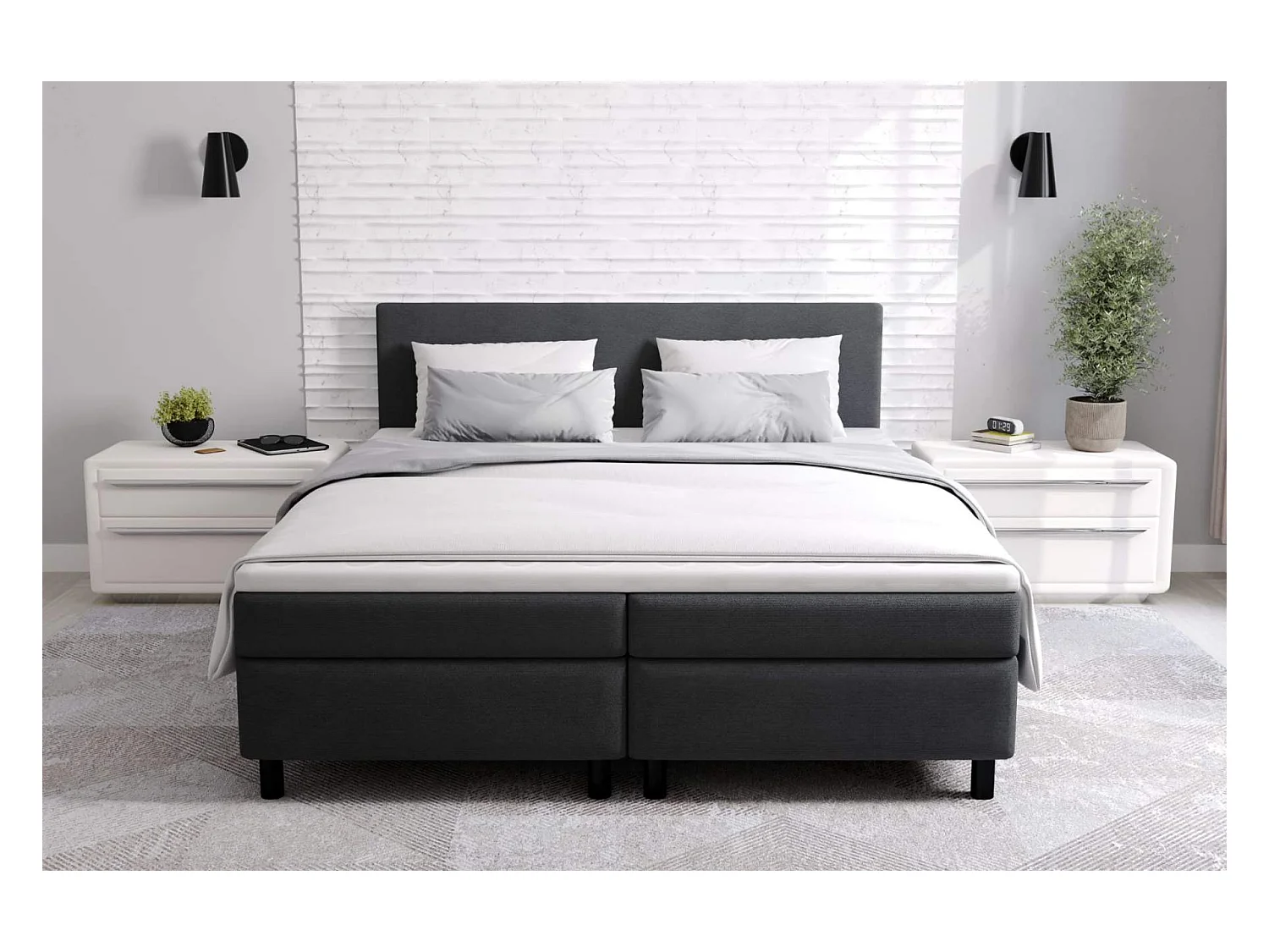 lit à sommier tapissier erolla 180x200 - tissu noir - avec surmatelas de 4 cm d'épaisseur