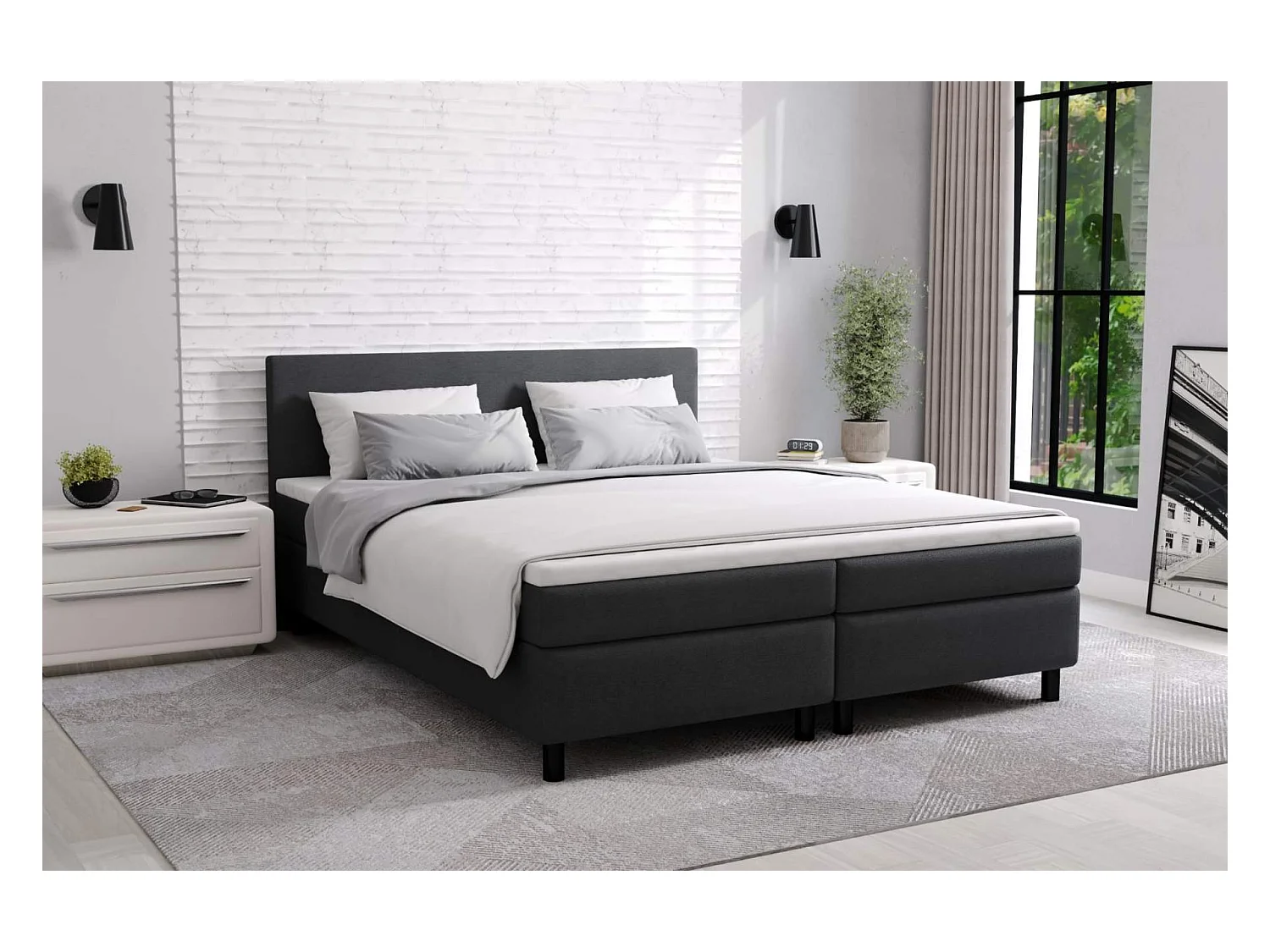 lit à sommier tapissier erolla 180x200 - tissu noir - avec surmatelas de 4 cm d'épaisseur