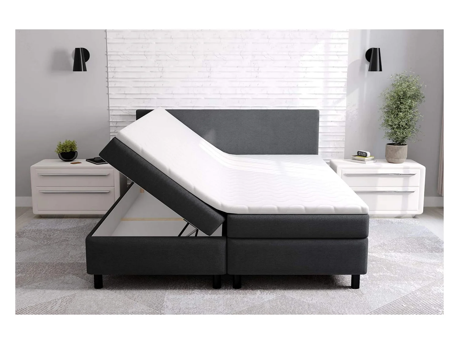 lit à sommier tapissier erolla 180x200 - tissu noir - avec surmatelas de 4 cm d'épaisseur