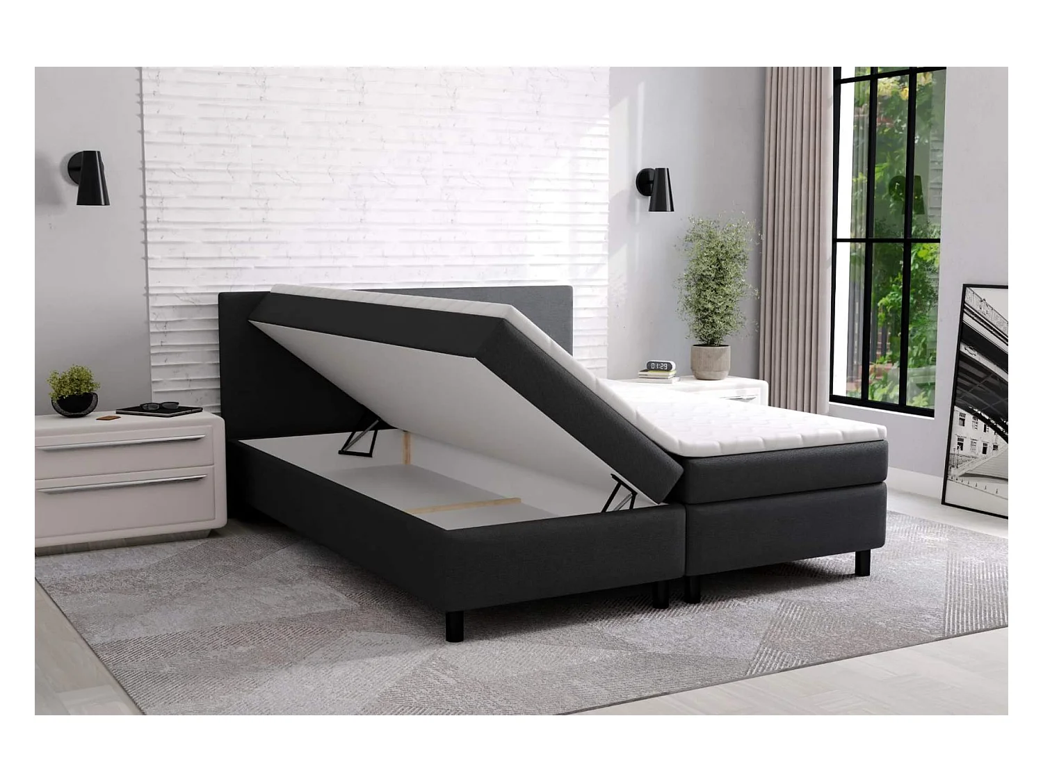 lit à sommier tapissier erolla 180x200 - tissu noir - avec surmatelas de 4 cm d'épaisseur