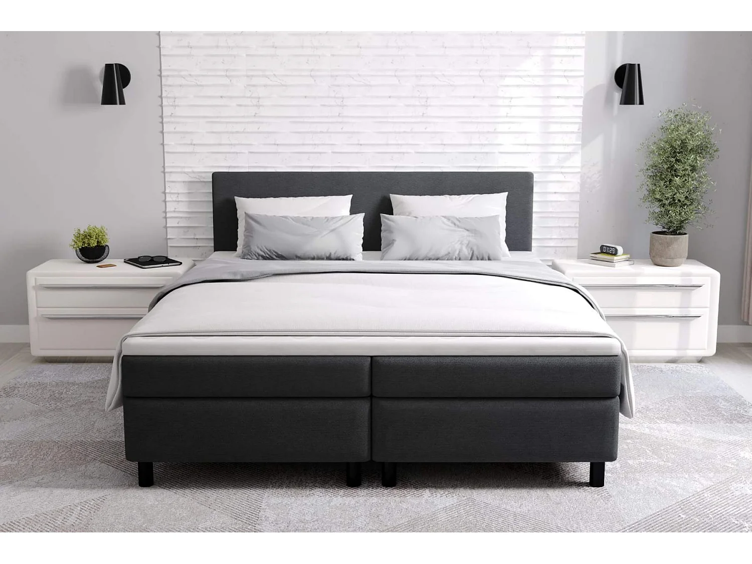 lit à sommier tapissier erolla 180x200 - tissu noir - avec surmatelas de 4 cm d'épaisseur