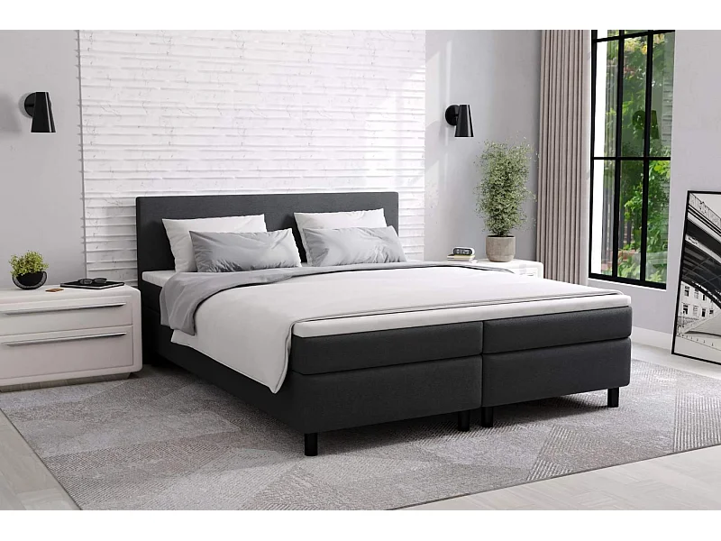 lit à sommier tapissier erolla 140x200 - tissu noir - avec surmatelas de 4 cm d'épaisseur