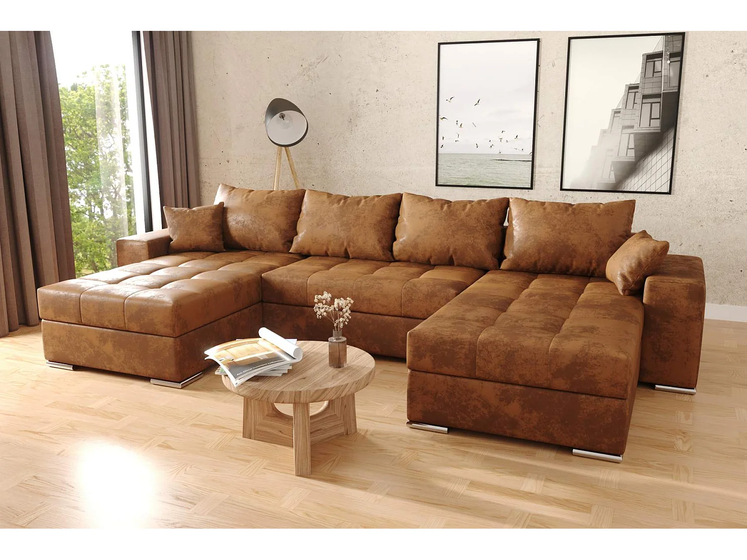 canapé d'angle Josua U - marron vintage - avec espace de rangement et fonction couchage