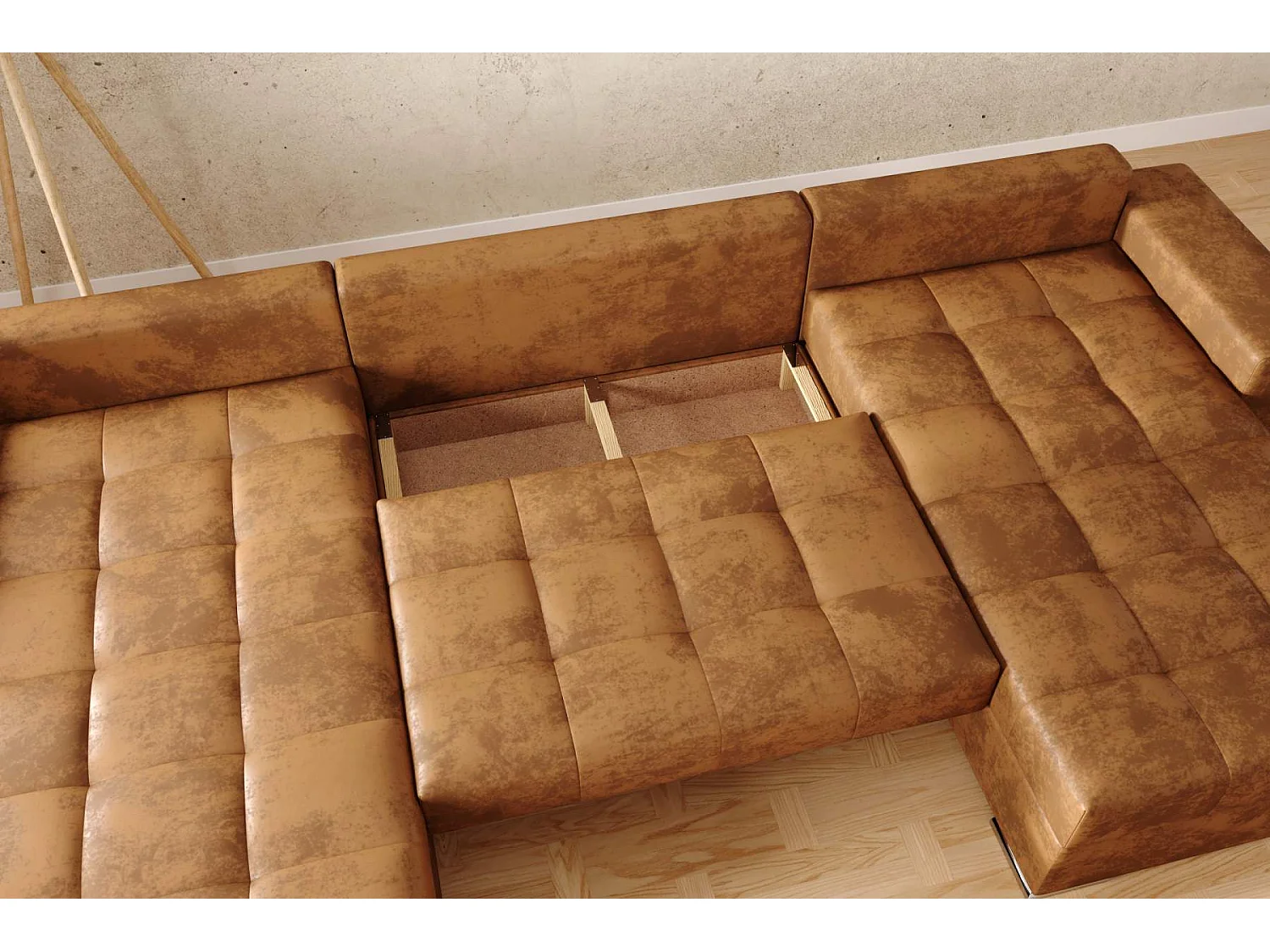 canapé d'angle Josua U - marron vintage - avec espace de rangement et fonction couchage