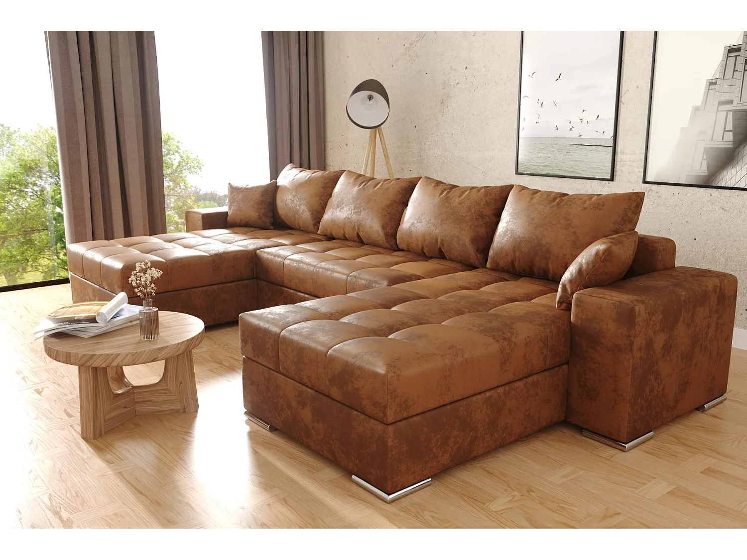 canapé d'angle Josua U - marron vintage - avec espace de rangement et fonction couchage