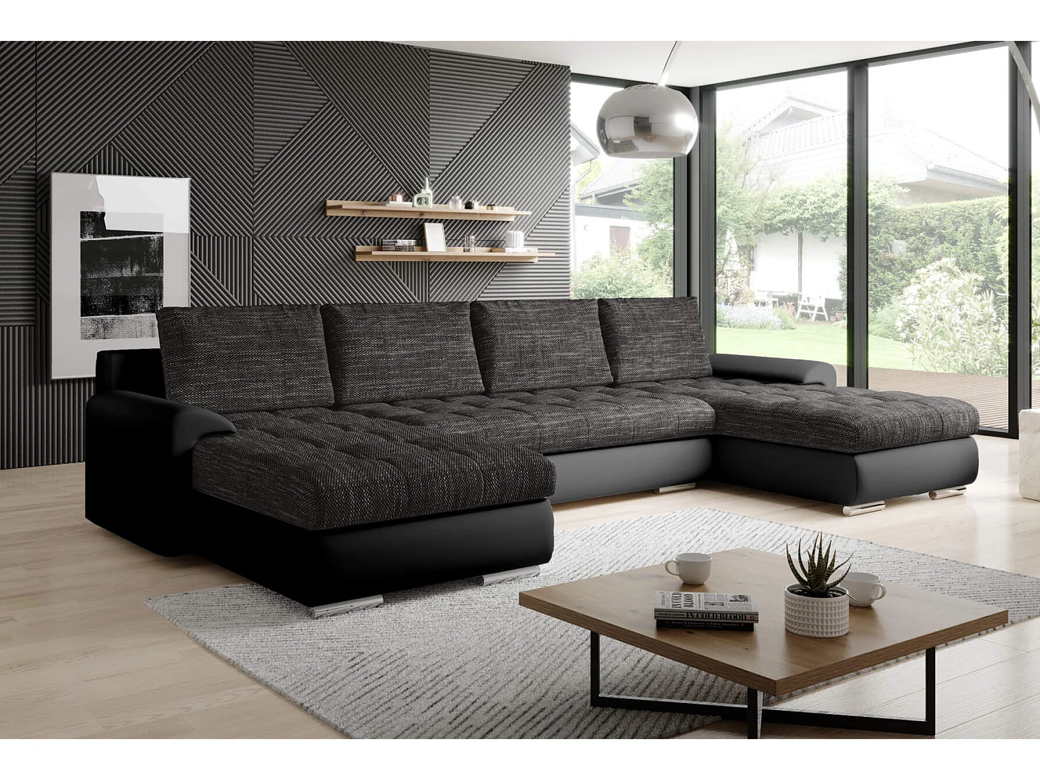 Canapé d'angle Kyoto XL - paysage vivant - noir - avec espace de rangement et fonction couchage