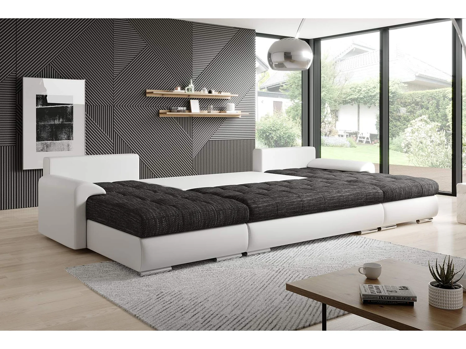 Canapé d'angle Kyoto XL - paysage vivant - noir - avec espace de rangement et fonction couchage