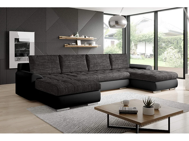 Canapé d'angle Kyoto XL - paysage vivant - noir - avec espace de rangement et fonction couchage