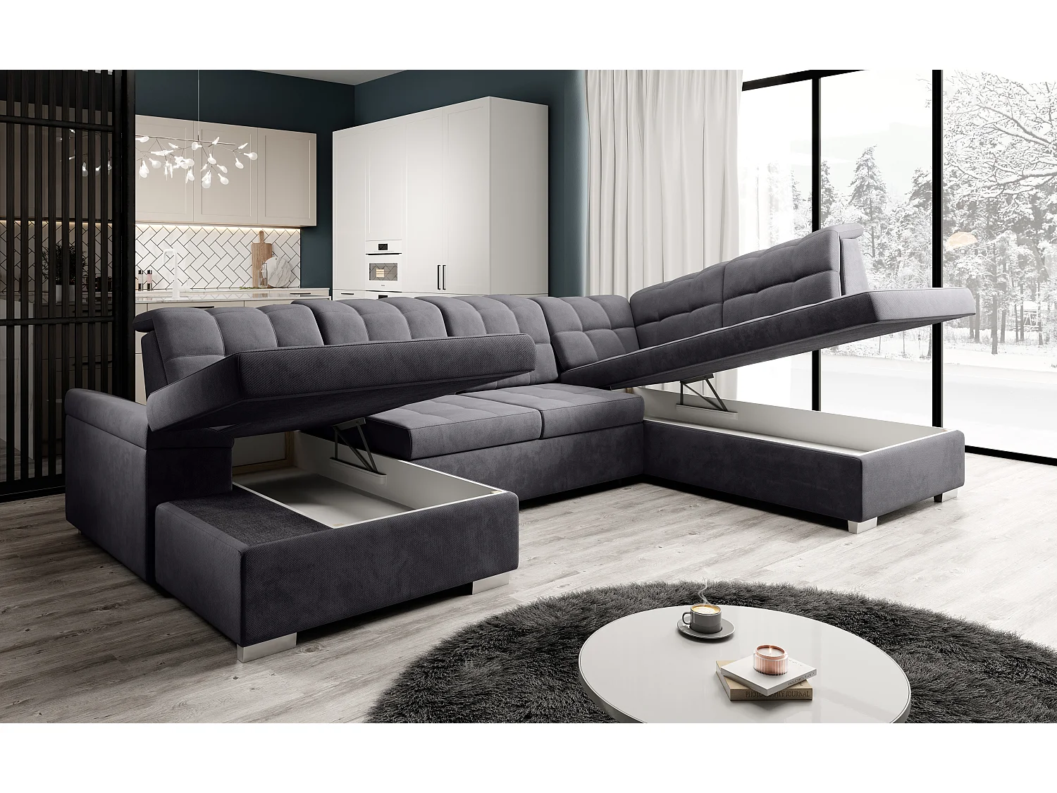 canapé d'angle olivia U - tissu gris - avec espace de rangement et fonction couchage