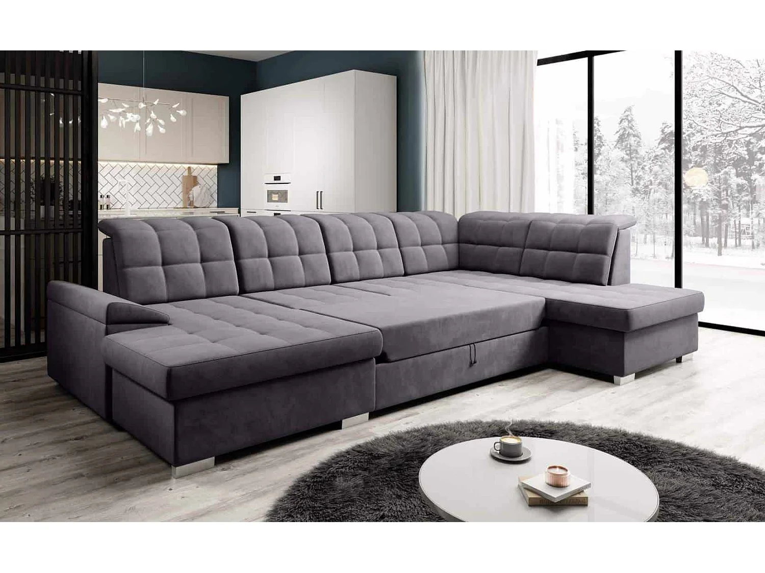 canapé d'angle olivia U - tissu gris - avec espace de rangement et fonction couchage