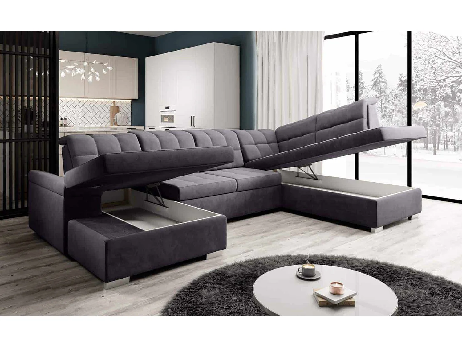 canapé d'angle olivia U - tissu gris - avec espace de rangement et fonction couchage