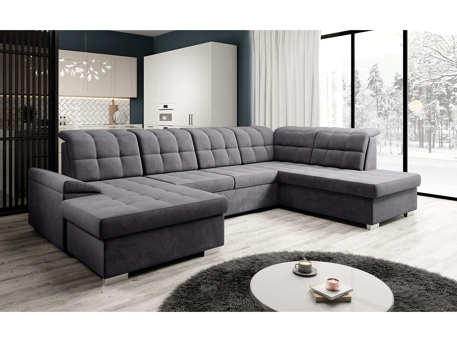 canapé d'angle olivia U - tissu gris - avec espace de rangement et fonction couchage