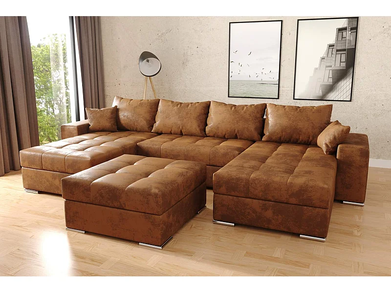 canapé d'angle Josua U avec pouf - marron vintage - avec espace de rangement et fonction couchage