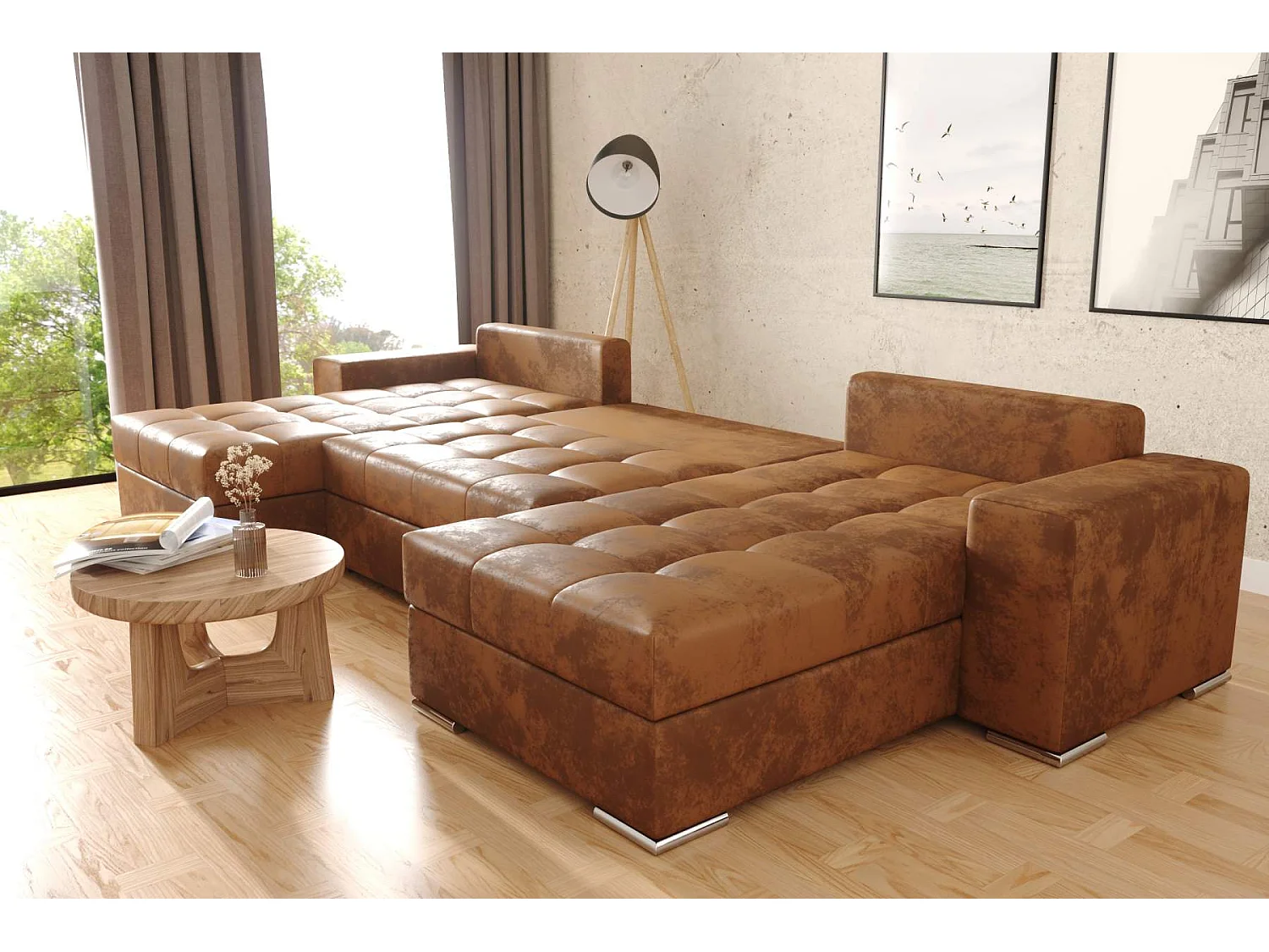 canapé d'angle Josua U avec pouf - marron vintage - avec espace de rangement et fonction couchage