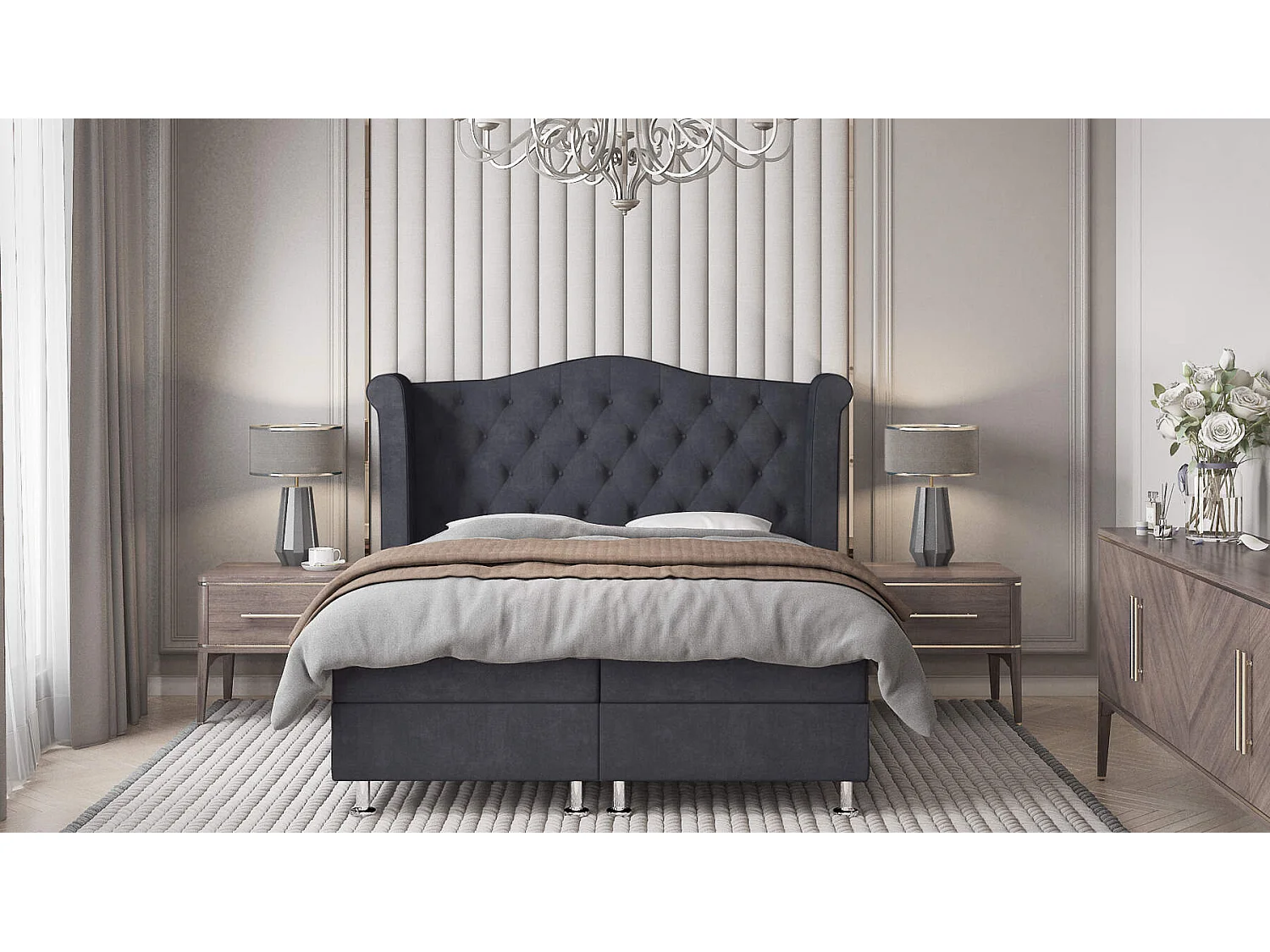 lit à sommier tapissier Saturne - 120x200cm - tissu velours - avec surmatelas de 4 cm d'épaisseur