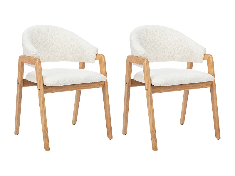 Lot de 2 chaises avec accoudoirs en tissu bouclette et bois d'hévéa - Blanc  et naturel - SOLUNA