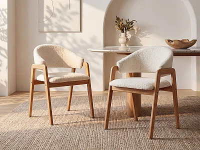 Lot de 2 chaises avec accoudoirs en tissu bouclette et bois d'hévéa - Blanc  et naturel - SOLUNA