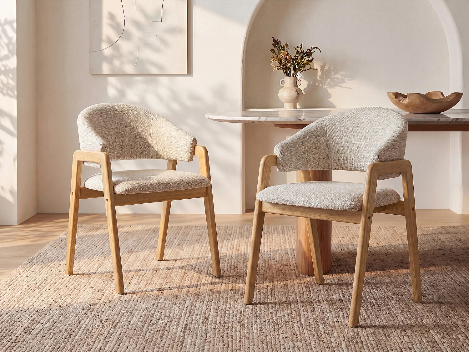 Lote de 2 sillas con reposabrazos de tela y madera de hevea - Beige - SOLUNA