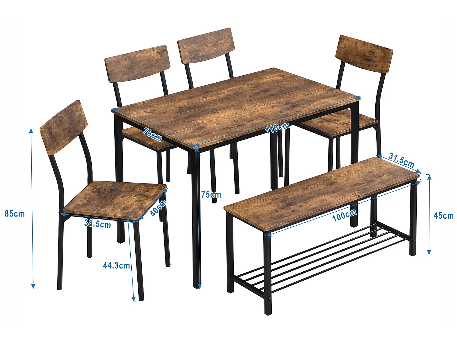 Tisch- und Stuhlset - 6-teilig - Stahlgestell - Industriestil - Braun