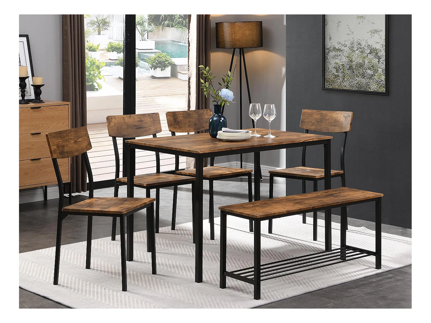 Ensemble Table et 4 Chaises 1 Banc - 6 places - cadre en acier - style industriel - Marron