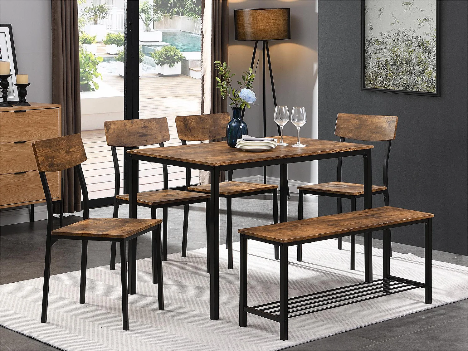 Ensemble Table et 4 Chaises 1 Banc - 6 places - cadre en acier - style industriel - Marron