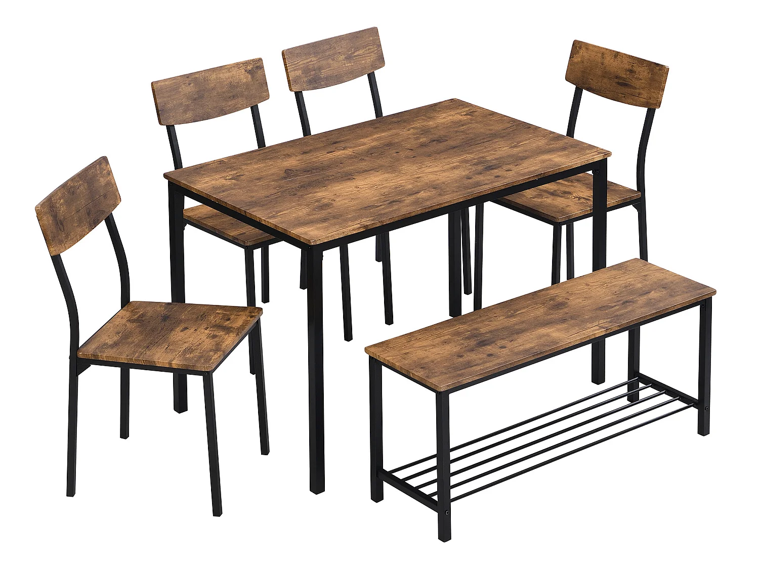 Ensemble Table et 4 Chaises 1 Banc - 6 places - cadre en acier - style industriel - Marron