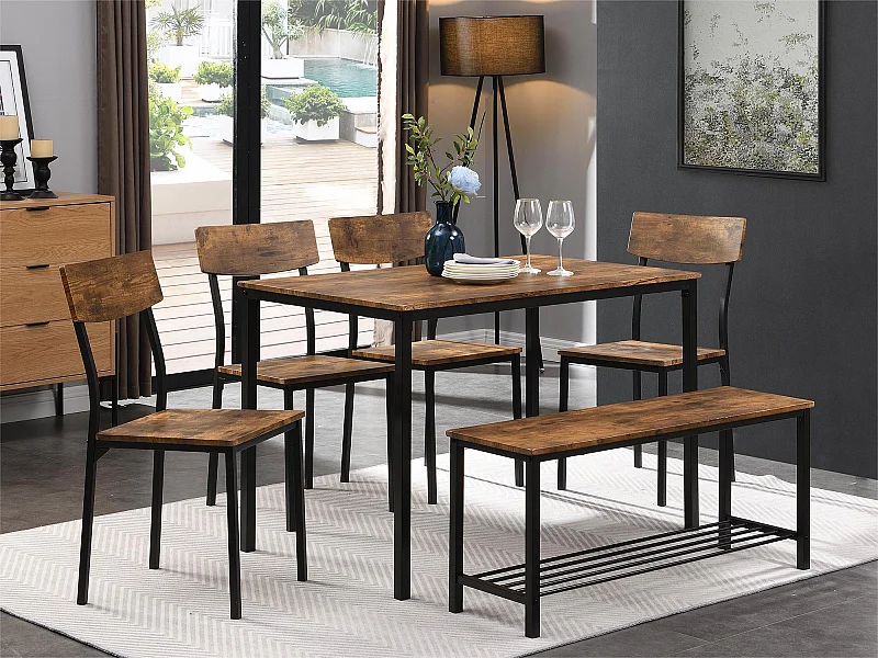 Ensemble Table et 4 Chaises 1 Banc - 6 places - cadre en acier - style industriel - Marron