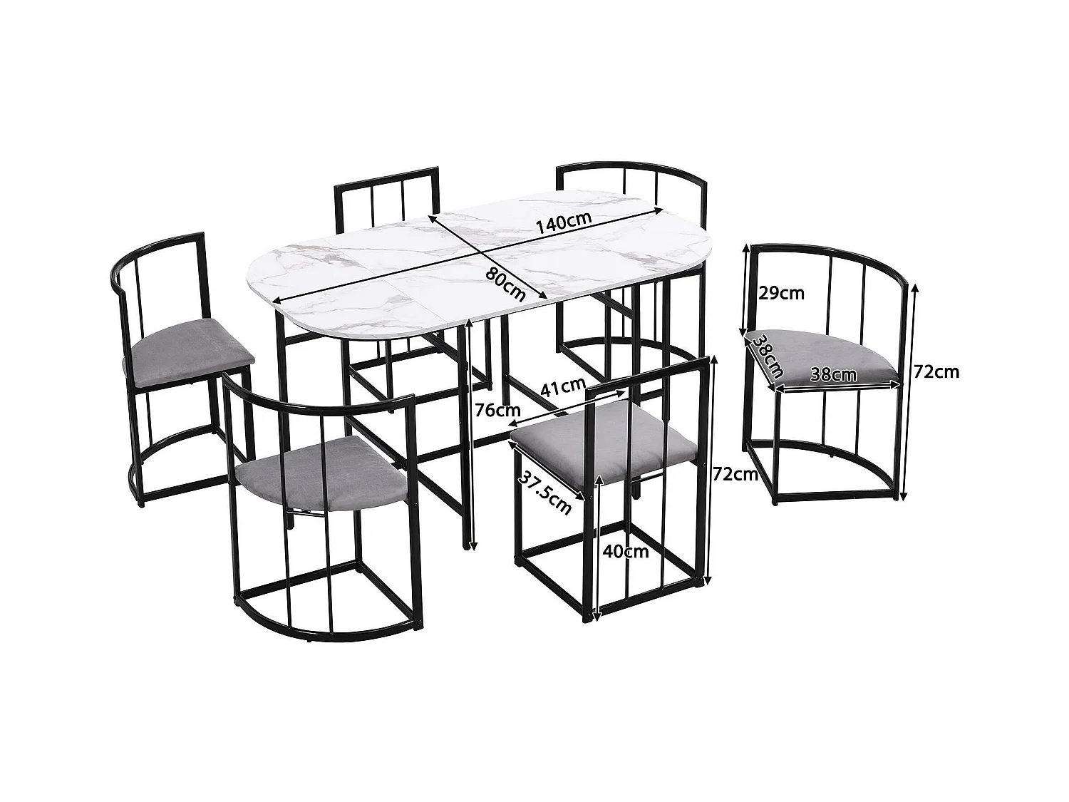 Ensemble table et 6 chaises - chaises avec coussin d'assise et dossier - noir