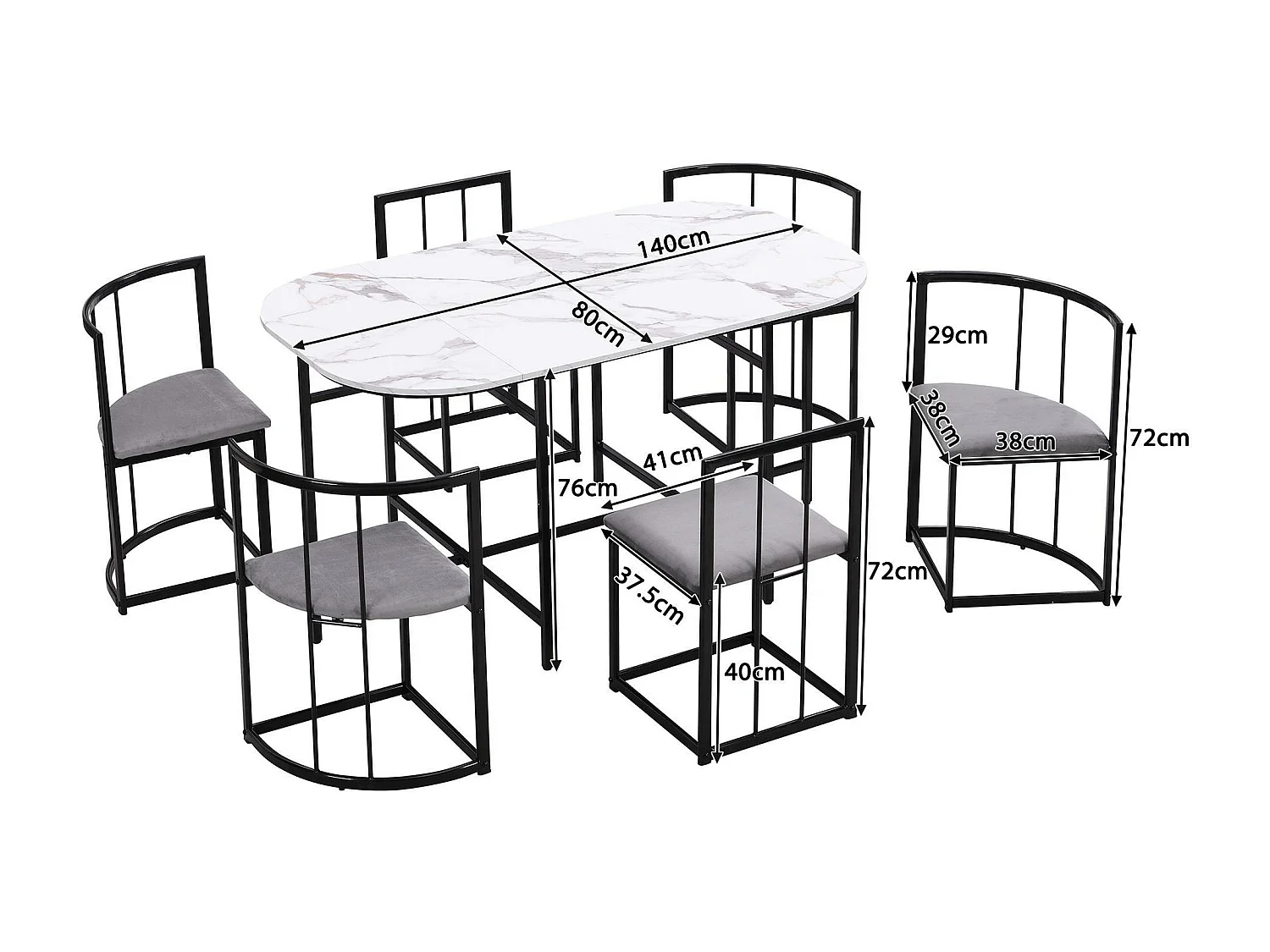 Set tafel en 6 stoelen - stoelen met zitkussen en rugleuning - zwart