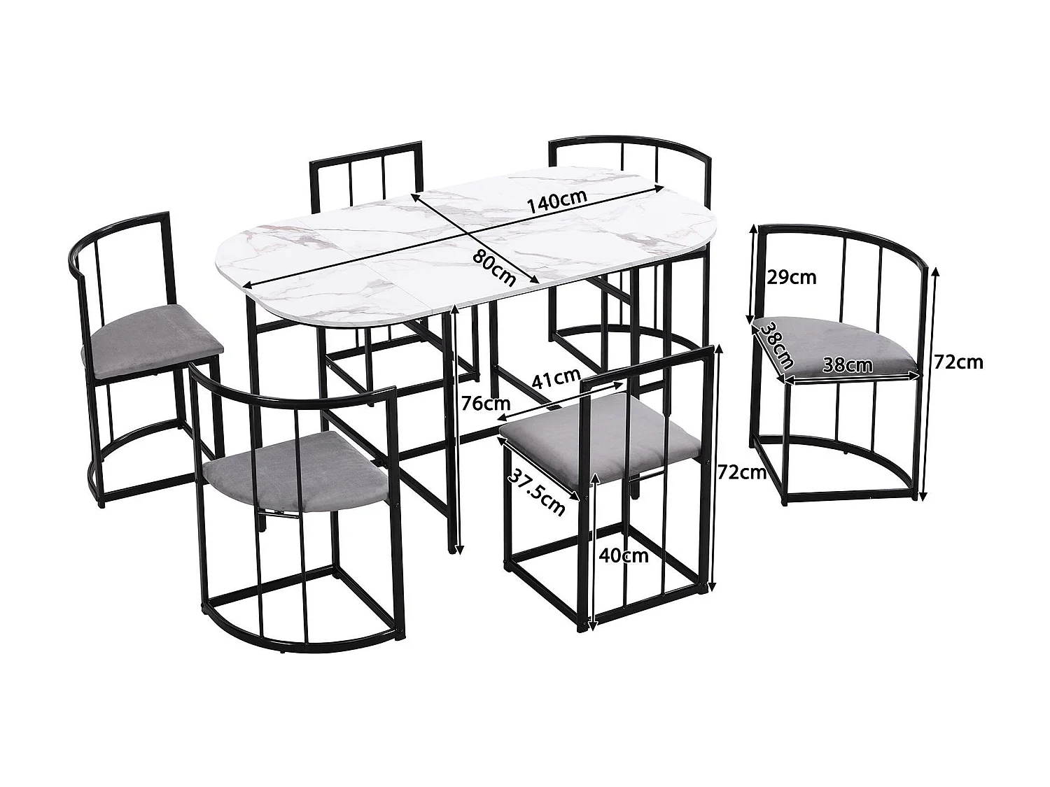 Ensemble table et 6 chaises - chaises avec coussin d'assise et dossier - noir