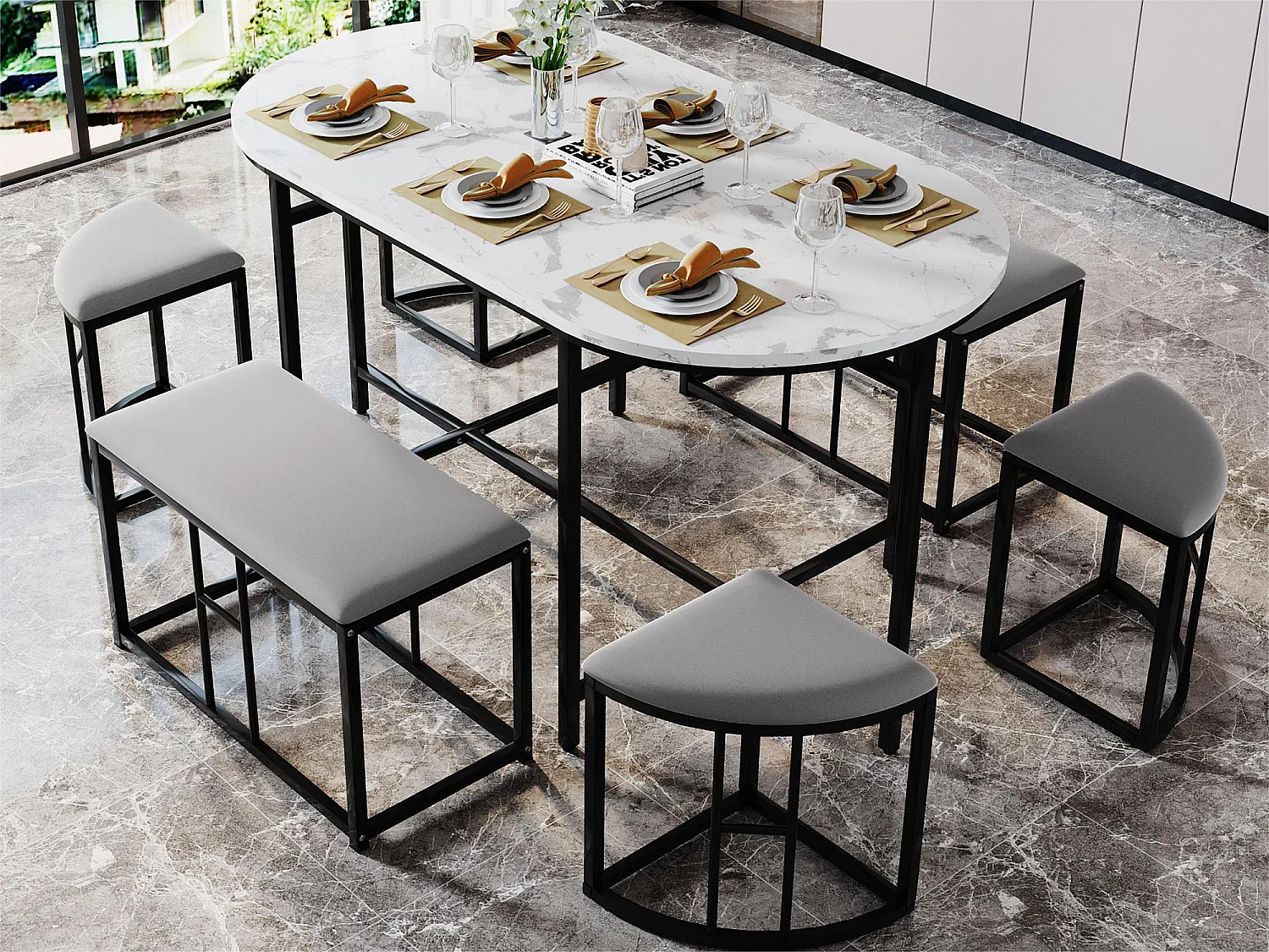 Ensemble table et 6 chaises - table placage à motif de marbre - chaises avec coussin d'assise - structure en métal - Noir