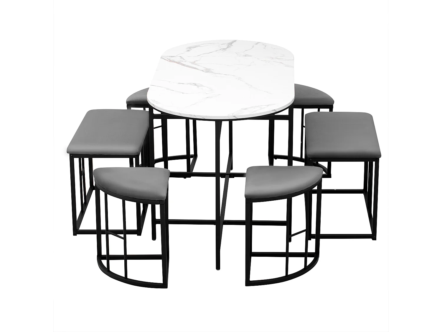 Ensemble table et 6 chaises - table placage à motif de marbre - chaises avec coussin d'assise - structure en métal - Noir
