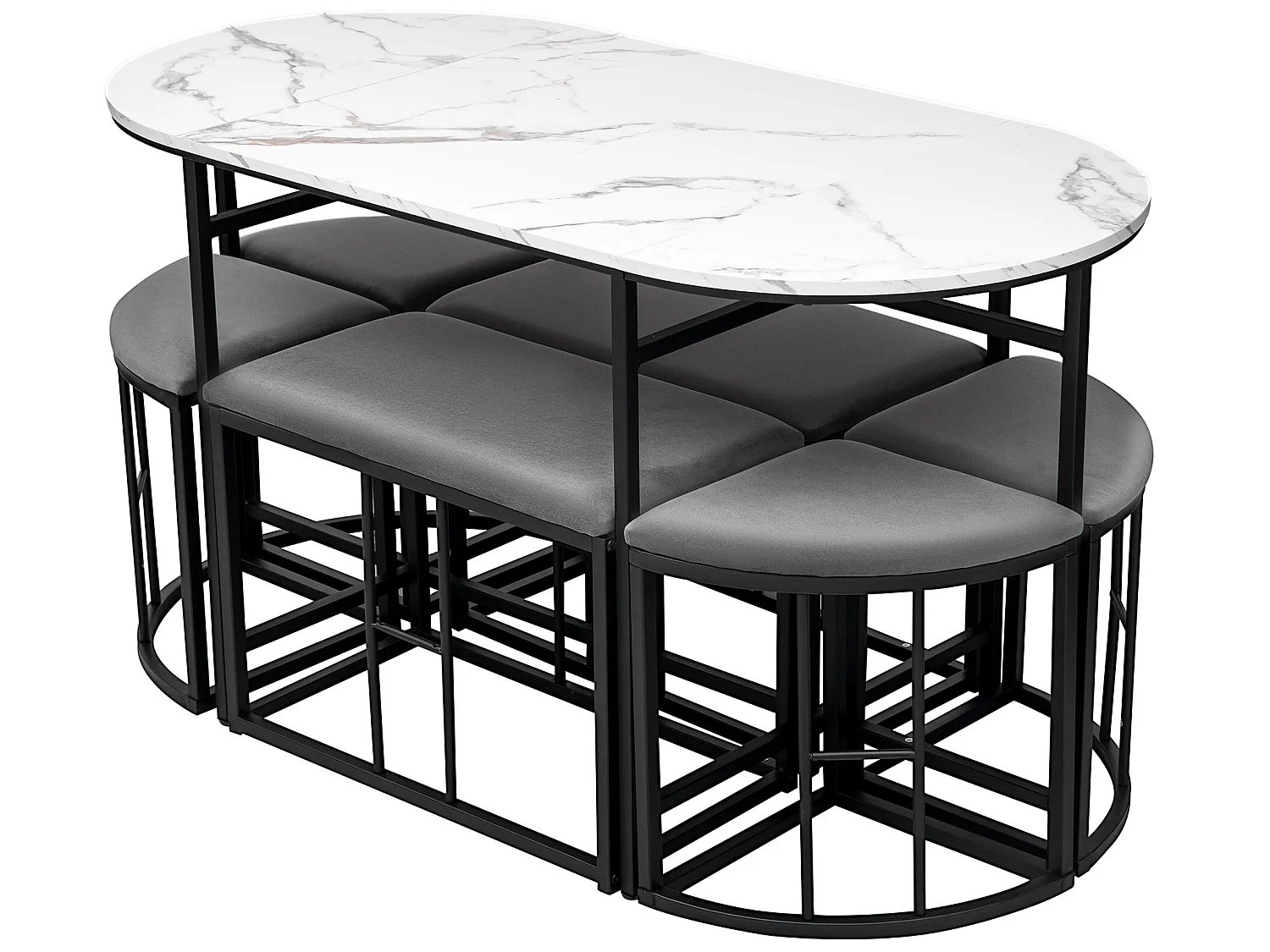 Ensemble table et 6 chaises - table placage à motif de marbre - chaises avec coussin d'assise - structure en métal - Noir