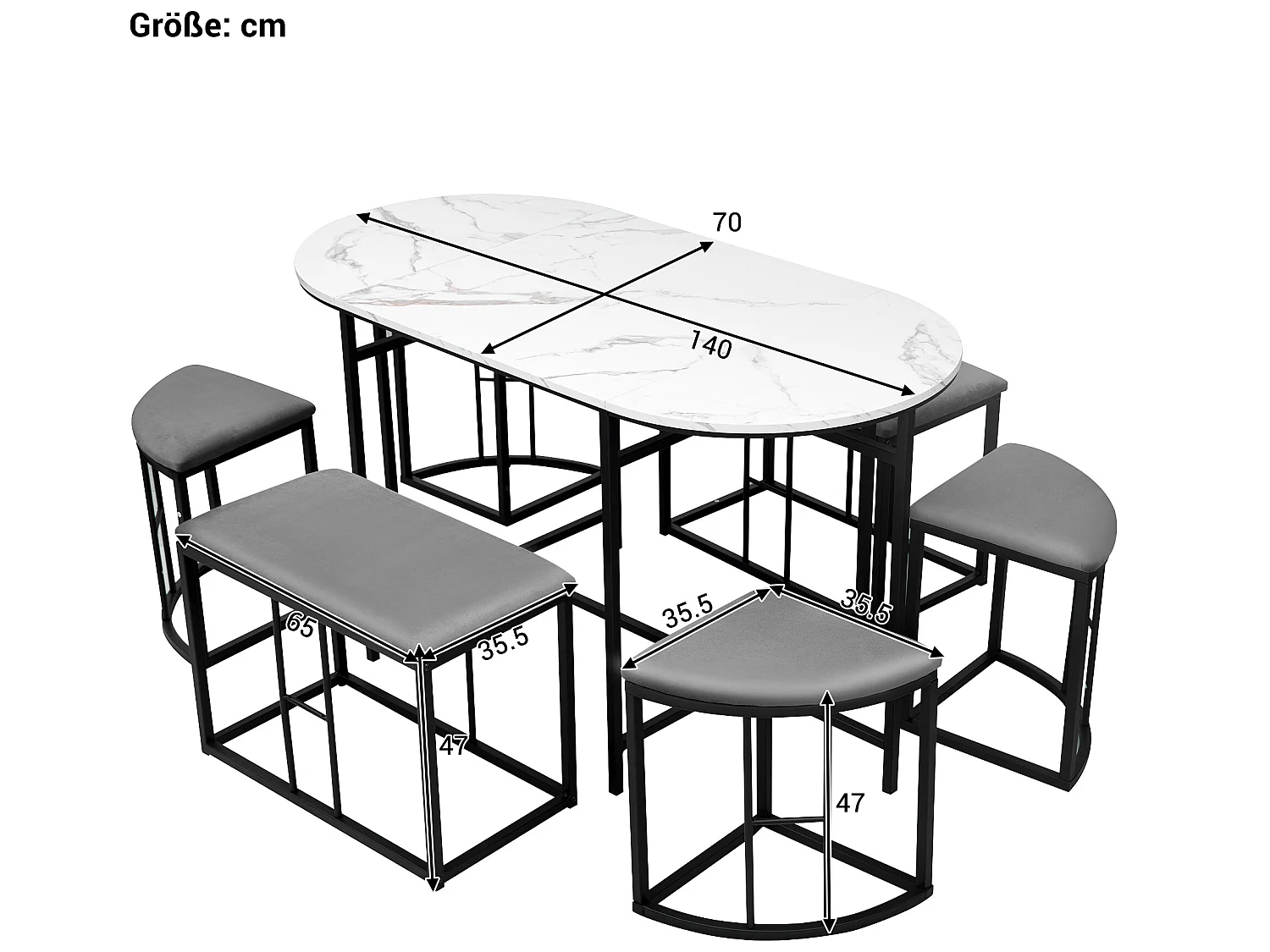 Ensemble table et 6 chaises - table placage à motif de marbre - chaises avec coussin d'assise - structure en métal - Noir
